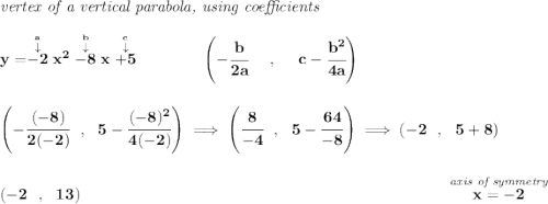 \bf \textit{vertex of a vertical parabola, using coefficients} \\\\ y=\stackrel{\stackrel{a}{\downarrow }}{-2}x^2\stackrel{\stackrel{b}{\downarrow }}{-8}x\stackrel{\stackrel{c}{\downarrow }}{+5} \qquad \qquad \left(-\cfrac{ b}{2 a}~~~~ ,~~~~ c-\cfrac{ b^2}{4 a}\right) \\\\\\ \left( -\cfrac{(-8)}{2(-2)}~~,~~5-\cfrac{(-8)^2}{4(-2)} \right)\implies \left( \cfrac{8}{-4}~~,~~5-\cfrac{64}{-8} \right)\implies (-2~~,~~5+8) \\\\\\ (-2~~,~~13)~\hfill \stackrel{\textit{axis of symmetry}}{x=-2}