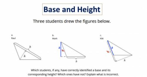 Which students, if any, have correctly identified a base and its corresponding height?  which ones h