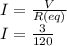 I = \frac{V}{R(eq)}\\I = \frac{3}{120}