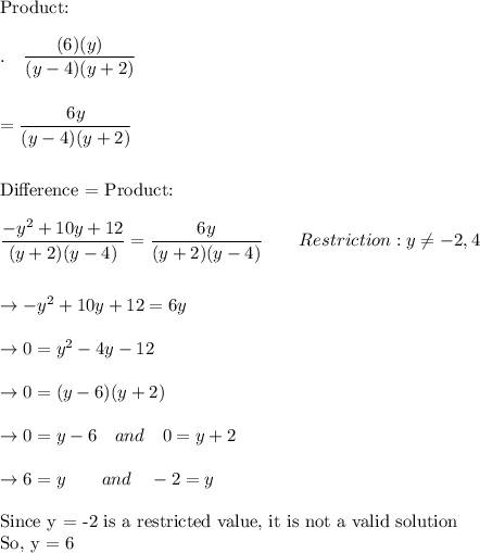 \text{Product:}\\\\.\quad \dfrac{(6)(y)}{(y-4)(y+2)}\\\\\\=\dfrac{6y}{(y-4)(y+2)}\\\\\\\text{Difference = Product:}\\\\\dfrac{-y^2+10y+12}{(y+2)(y-4)}=\dfrac{6y}{(y+2)(y-4)}\qquad Restriction: y\neq -2, 4\\\\\\\rightarrow -y^2+10y+12=6y\\\\\rightarrow 0=y^2-4y-12\\\\\rightarrow 0=(y-6)(y+2)\\\\\rightarrow 0=y-6\quad and\quad 0=y+2\\\\\rightarrow 6=y\qquad and\quad -2=y\\\\\text{Since y = -2 is a restricted value, it is not a valid solution}\\\text{So, y = 6}