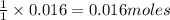\frac{1}{1}\times 0.016=0.016moles