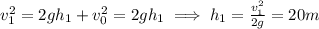v_1^2 = 2gh_1+v_0^2 = 2gh_1\implies h_1 = \frac{v_1^2}{2g}=20m