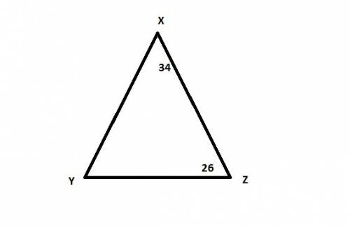 If the m∠x = 34° and the m∠z = 26°, what is the m∠y?  m∠y = 26° m∠y = 34° m∠y = 60° m∠y = 120°