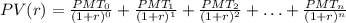 \\ PV(r) = \frac{PMT_{0}}{(1+r)^{0}} + \frac{PMT_{1}}{(1+r)^{1}} + \frac{PMT_{2}}{(1+r)^{2}}+\dotsc+\frac{PMT_{n}}{(1+r)^{n}}