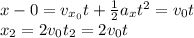 x - 0 = v_{x_0}t + \frac{1}{2}a_xt^2 = v_0t\\x_2 = 2v_0t_2 = 2v_0t