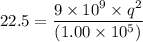 22.5=\dfrac{9\times10^{9}\times q^2}{(1.00\times10^{5})}