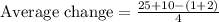 \text{Average change}=\frac{25+10-(1+2)}{4}