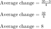 \text{Average change}=\frac{35-3}{4}\\\\\text{Average change}=\frac{32}{4}\\\\\text{Average change}=8