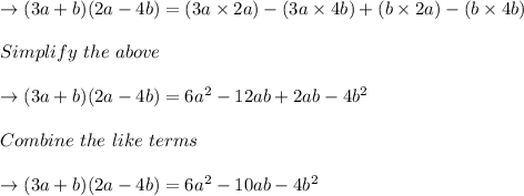 \rightarrow (3a +b)(2a-4b) = (3a \times 2a) -(3a \times 4b) + (b \times 2a) -(b \times 4b)\\\\Simplify\ the\ above\\\\\rightarrow (3a +b)(2a-4b) = 6a^2 -12ab + 2ab -4b^2\\\\Combine\ the\ like\ terms\\\\\rightarrow (3a +b)(2a-4b) = 6a^2 -10ab -4b^2