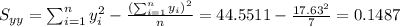 S_{yy}=\sum_{i=1}^n y^2_i -\frac{(\sum_{i=1}^n y_i)^2}{n}=44.5511-\frac{17.63^2}{7}=0.1487