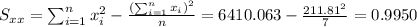 S_{xx}=\sum_{i=1}^n x^2_i -\frac{(\sum_{i=1}^n x_i)^2}{n}=6410.063-\frac{211.81^2}{7}=0.9950