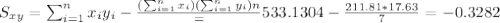 S_{xy}=\sum_{i=1}^n x_i y_i -\frac{(\sum_{i=1}^n x_i)(\sum_{i=1}^n y_i){n}}=533.1304-\frac{211.81*17.63}{7}=-0.3282