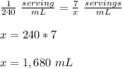 \frac{1}{240}\ \frac{serving}{mL}=\frac{7}{x}\ \frac{servings}{mL}\\\\x=240*7\\\\x=1,680\ mL