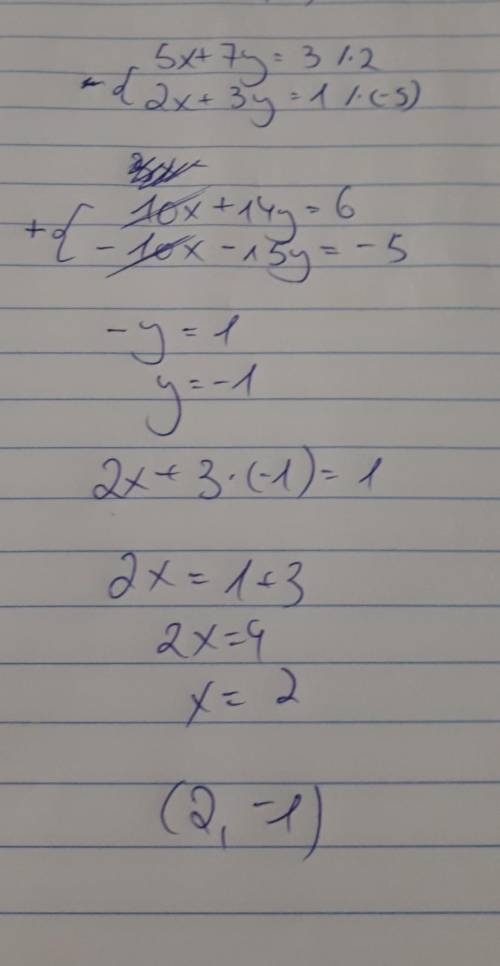 What is the solution for the following system of equations? 5x + 7y = 3 2x + 3y = 1