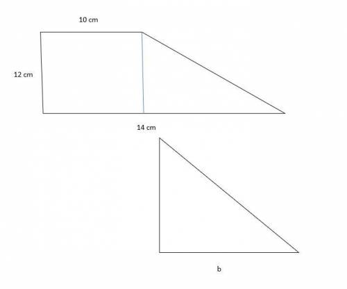 A trapezoid was broken into a rectangle and a triangle. What is the length, b, of the base of the tr