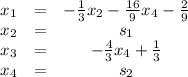 \left\begin{array}{ccc}x_1&=&-\frac{1}{3}x_2-\frac{16}{9}x_4-\frac{2}{9}  \\x_2&=&s_1\\x_3&=&-\frac{4}{3}x_4+\frac{1}{3}  \\x_4&=&s_2\end{array}\right