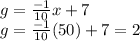 g=\frac{-1}{10} x+7\\ g=\frac{-1}{10}(50)+7=2