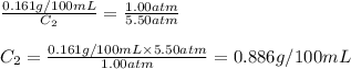 \frac{0.161g/100mL}{C_2}=\frac{1.00atm}{5.50atm}\\\\C_2=\frac{0.161g/100mL\times 5.50atm}{1.00atm}=0.886g/100mL