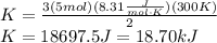 K=\frac{3(5mol)(8.31\frac{J}{mol\cdot K})(300K)}{2}\\K=18697.5J=18.70kJ