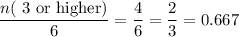 \displaystyle\frac{n(\text{ 3 or higher)}}{6} = \frac{4}{6} = \frac{2}{3} = 0.667