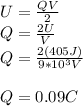 U=\frac{QV}{2}\\Q=\frac{2U}{V}\\Q=\frac{2(405J)}{9*10^3V}\\\\Q=0.09C