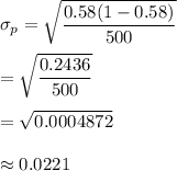 \sigma_p=\sqrt{\dfrac{0.58(1-0.58)}{500}}\\\\=\sqrt{\dfrac{0.2436}{500}}\\\\=\sqrt{0.0004872}\\\\\approx0.0221