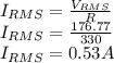 I_{RMS}=\frac{V_{RMS}}{R} \\I_{RMS}=\frac{176.77}{330} \\I_{RMS}=0.53 A