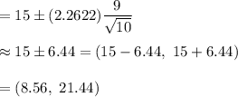 =15\pm (2.2622)\dfrac{9}{\sqrt{10}}\\\\\approx 15\pm 6.44=(15-6.44,\ 15+6.44)\\\\=(8.56,\ 21.44)