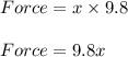 Force = x \times 9.8\\\\Force = 9.8x