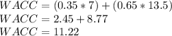 WACC=(0.35*7)+(0.65*13.5)\\WACC=2.45+8.77\\WACC = 11.22%