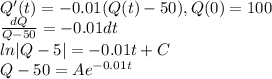 Q'(t) = -0.01(Q(t)-50), Q(0) = 100\\\frac{dQ}{Q-50} =-0.01 dt\\ln |Q-5| = -0.01t +C\\Q-50 = Ae^{-0.01t}