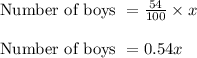 \text{Number of boys } = \frac{54}{100} \times x\\\\\text{Number of boys } = 0.54x