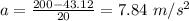 a=\frac{200-43.12}{20}=7.84\ m/s^2