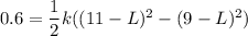 0.6 = \dfrac{1}{2}k((11-L)^2-(9-L)^2)