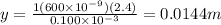 y=\frac{1(600\times10^{-9})(2.4)}{0.100\times10^{-3}}=0.0144m
