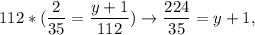 112*(\dfrac{2}{35} =\dfrac{y+1}{112})\rightarrow \dfrac{224}{35} =y+1,