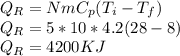 Q_R=NmC_p(T_i-T_f)\\Q_R=5*10*4.2(28-8)\\Q_R=4200 KJ