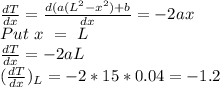 \frac{dT}{dx}=\frac{d(a(L^2-x^2)+b}{dx}=-2ax\\Put\ x\ =\ L\\\frac{dT}{dx}=-2aL\\(\frac{dT}{dx})_L=-2*15*0.04=-1.2