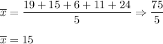 \overline{x} = \dfrac{19+15+6+11+24}{5} \Rightarrow \dfrac{75}{5}\\\\\overline{x} = 15\\\\