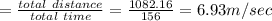 =\frac{total\  distance}{total\ time }=\frac{1082.16}{156}=6.93m/sec