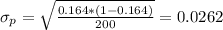 \sigma_{p}= \sqrt{\frac{0.164*(1-0.164)}{200}}= 0.0262