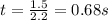 t=\frac{1.5}{2.2}=0.68 s