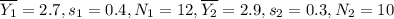 \overline{Y_{1}} = 2.7, s_{1} = 0.4, N_{1} = 12, \overline{Y_{2}} = 2.9, s_{2} = 0.3, N_{2} = 10