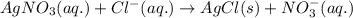 AgNO_3(aq.)+Cl^-(aq.)\rightarrow AgCl(s)+NO_3^-(aq.)