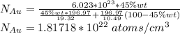 N_{Au}=\frac{6.023*10^{23}*45\%wt}{\frac{45\%wt*196.97}{19.32}+\frac{196.97}{10.49}(100-45\%wt)}\\ N_{Au}=1.81718*10^{22}\ atoms/cm^3