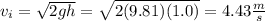 v_i=\sqrt{2gh}=\sqrt{2(9.81)(1.0)}=4.43\frac{m}{s}