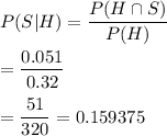 P(S|H)=\dfrac{P(H\cap S)}{P(H)}\\\\=\dfrac{0.051}{0.32}\\\\=\dfrac{51}{320}=0.159375