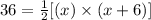 36 = \frac{1}{2}[(x) \times (x +6)]