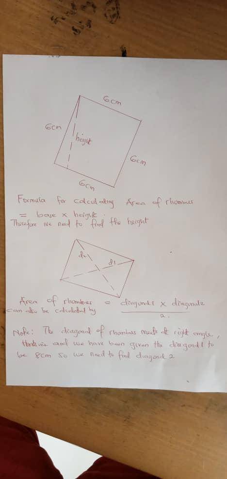 If sides of a rhombus are 6cm each and one diagonal is 8cm .find the height of the rhombus.