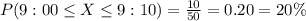 P(9:00\leq X\leq 9:10)=\frac{10}{50}=0.20=20\%